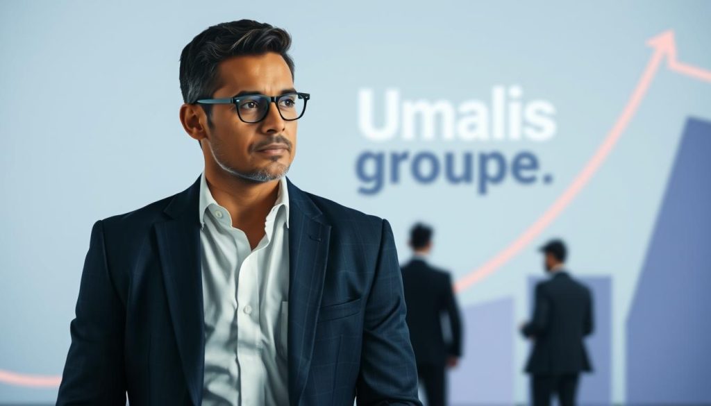 A confident, strategic manager stands at the forefront of a transitional scene, navigating the complexities of a growing organization. In the background, the Umalis Group logo symbolizes the stability and expertise guiding this transformative journey. Soft, directional lighting illuminates the manager's pensive gaze, highlighting their analytical prowess and adaptability. The composition emphasizes the manager's central role, surrounded by abstract shapes and lines that convey the dynamism and fluidity of the transition process. This image captures the essence of the manager's strategic leadership, seamlessly blending the practical and the visionary to propel the organization forward.
