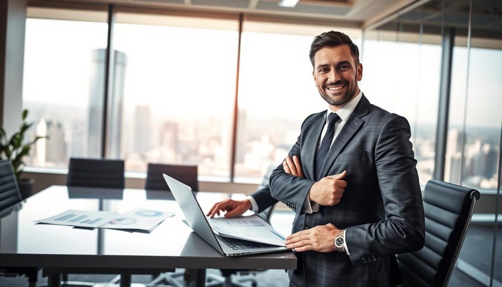 A confident technical expert, wearing professional business attire, stands in a modern office environment, portraying the concept of "portage salarial." In the foreground, the expert is engaged in conversation with a client at a sleek conference table, with analytical documents and a laptop open, showcasing graphs and figures. In the middle ground, a large window reveals a vibrant cityscape, symbolizing opportunity and progress. Soft, natural lighting streams in, creating an inviting atmosphere. The focus is on the expert's friendly demeanor and the productive discussion, conveying trust and professionalism. The background emphasizes a stylish and innovative workspace, enhancing the theme of security and collaboration in the world of technical expertise.