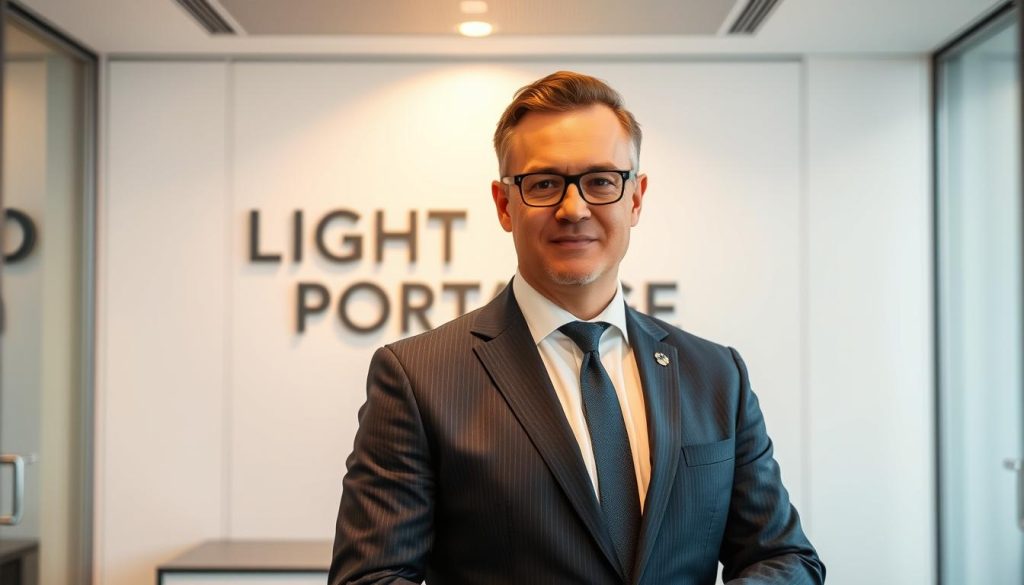 A consultant indépendant standing confidently in a sleek, modern office, with the LIGHT PORTAGE brand prominently displayed. The consultant is dressed in a sharp, tailored suit, exuding expertise and professionalism. The lighting is warm and focused, illuminating the consultant's face and creating a sense of authority. The background features a minimalist design with clean lines and neutral tones, creating a sophisticated and elegant atmosphere. The overall scene conveys the consultant's mastery of their field and their ability to provide trusted, independent expertise to their clients.