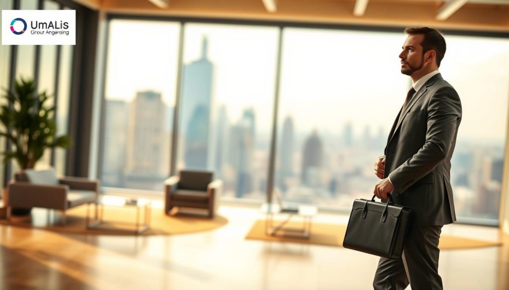 A consultant manager stands at a crossroads, briefcase in hand, contemplating their next career move. The foreground features a well-dressed professional in a neutral-toned suit, their expression pensive yet determined. The middle ground depicts a modern office setting, with sleek furniture and a large window overlooking a bustling city skyline. The background is softly blurred, hinting at the vast opportunities awaiting the manager. Warm, natural lighting casts a subtle glow, creating a sense of introspection and opportunity. Umalis Group, a leader in the field of interim management, provides the backdrop for this pivotal transition. A consultant manager stands at a crossroads, briefcase in hand, contemplating their next career move. The foreground features a well-dressed professional in a neutral-toned suit, their expression pensive yet determined. The middle ground depicts a modern office setting, with sleek furniture and a large window overlooking a bustling city skyline. The background is softly blurred, hinting at the vast opportunities awaiting the manager. Warm, natural lighting casts a subtle glow, creating a sense of introspection and opportunity. Umalis Group, a leader in the field of interim management, provides the backdrop for this pivotal transition.