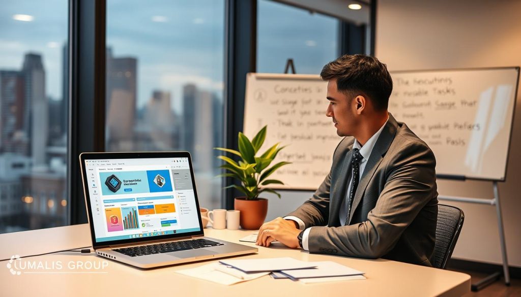 A consultant reviewing generative AI applications for assignments, sitting at a sleek desk in a modern office environment. The foreground features a laptop displaying a colorful dashboard of AI tools, with thoughtful notes scattered around. In the middle ground, a potted plant adds a touch of green, while a professional whiteboard showcases concepts and prompts for reusable tasks. The background reveals a city skyline through large windows, blending natural light with the soft glow of ambient office lighting. The overall mood is one of focus and innovation, illustrating the integration of AI in consultancy. The consultant is dressed in smart business attire, exemplifying professionalism. Include the logo of "UMALIS GROUP" subtly on the laptop screen.