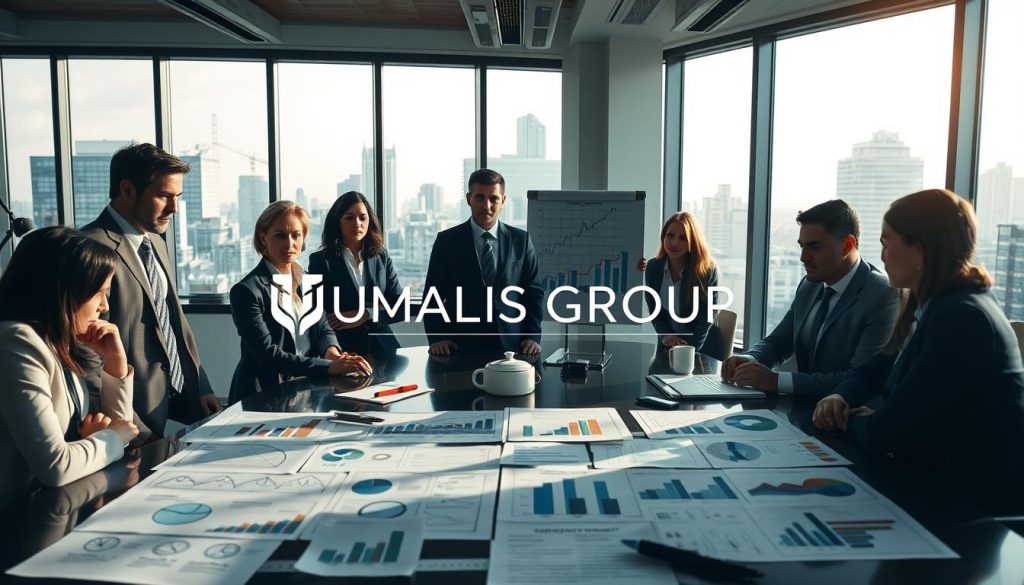 A contemplative office scene emphasizing the challenges of "seuils portage" in a corporate environment. In the foreground, a diverse group of professionally dressed individuals are engaged in a discussion around a large conference table, displaying expressions of concern and focus. In the middle ground, charts and graphs are scattered across the table, illustrating financial thresholds and profitability metrics related to portage salarial, with a whiteboard filled with strategic ideas. The background features a modern office with large windows revealing a cityscape, bathed in soft natural light, casting dynamic shadows. The ambiance is serious yet hopeful, underscoring the complexity of balancing opportunity and risk in the workforce. Incorporate the brand name "UMALIS GROUP" artistically into the design, ensuring it blends seamlessly with the business office theme.