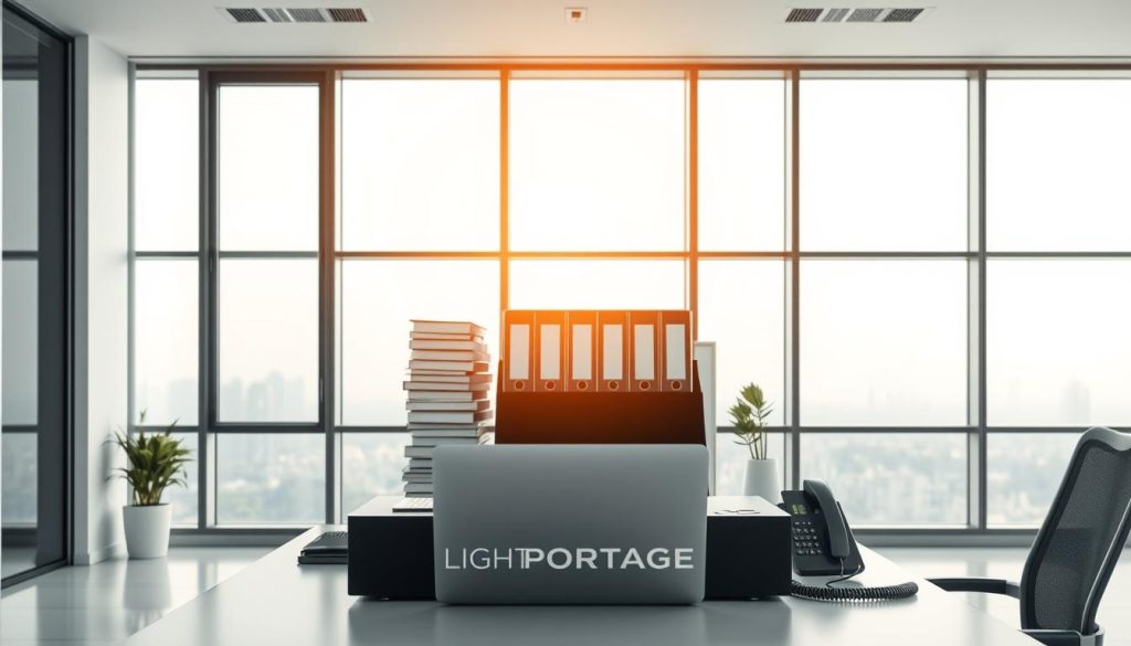 A contemporary and minimalist office interior with clean lines and natural light filtering in through large windows. In the foreground, a sleek LIGHT PORTAGE workstation with a laptop, phone, and organizational accessories, symbolizing the efficient administrative management of the temporary employment contract. The middle ground features a well-organized filing system and legal documents, representing the secure legal framework of the portage salarial arrangement. The background showcases a serene landscape or city skyline, conveying the tranquility and professionalism of the portage salarial process. The overall mood is one of sophistication, productivity, and confidence in the administrative and legal aspects of this employment model.