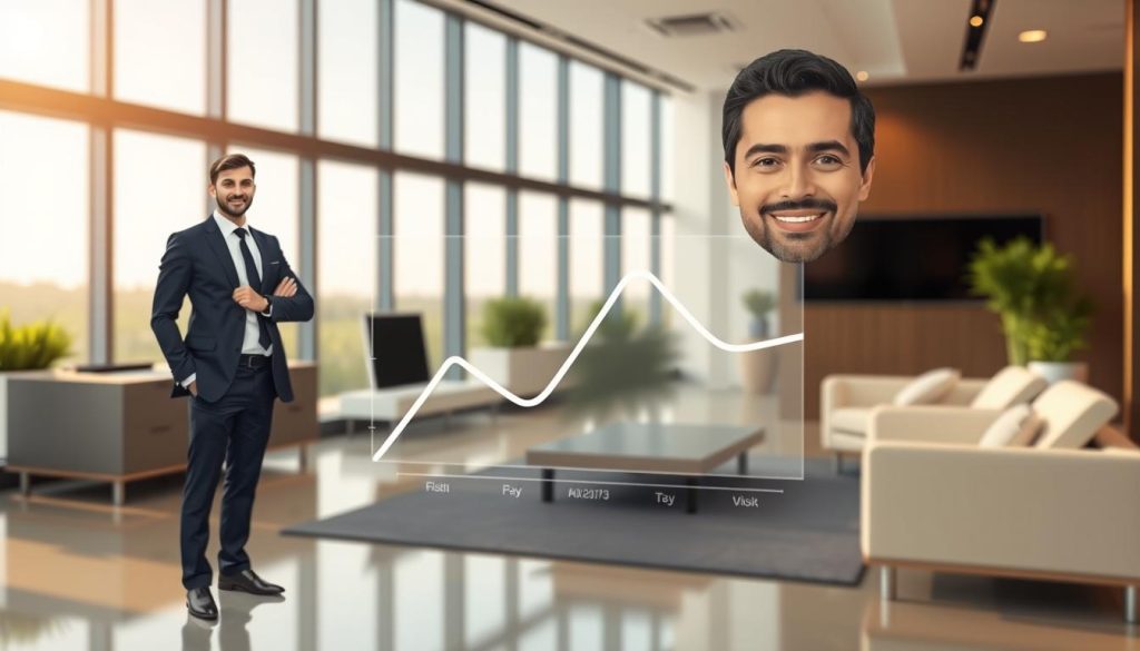 A contemporary business illustration showcasing the financial protection of salaried portage with the Umalis Group. In the foreground, a well-dressed professional stands confidently, symbolizing the financial security and independence offered by salaried portage. The middle ground features a stylized graph or chart, visualizing the financial mechanisms that insulate the salaried portage worker. In the background, a modern office setting with sleek furniture and large windows, conveying a sense of professionalism and stability. The lighting is soft and warm, creating a reassuring atmosphere. The composition is balanced and visually appealing, capturing the essence of the "financial isolation" concept in salaried portage, as described in the article section title.