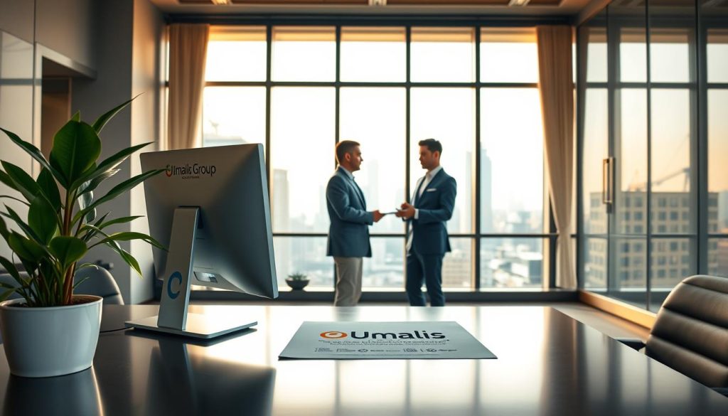 A contemporary commercial contract scene set in a modern, well-lit office space. In the foreground, a shiny metal desk with sleek computer equipment, a potted plant, and a Umalis Group logo prominently displayed. The middle ground features two business professionals in formal attire, engaged in a serious discussion over the contract details. The background showcases tall windows overlooking a cityscape, bathed in warm, diffused lighting that creates a professional, yet inviting atmosphere. The overall composition conveys the foundational elements of a commercial contract and the key role of the Umalis Group in facilitating such transactions.