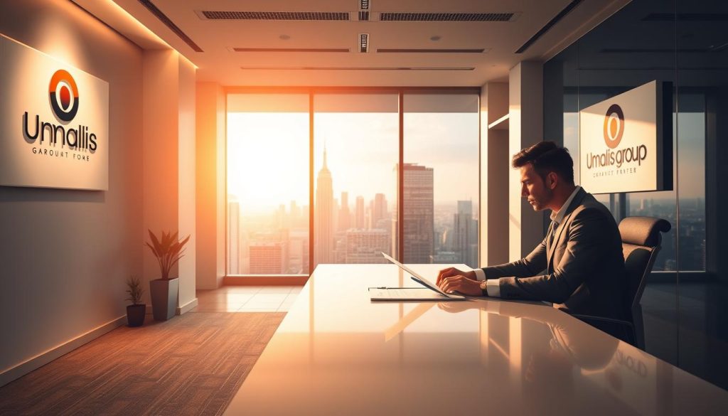 A contemporary corporate office interior, bathed in warm, soft lighting. In the foreground, a well-dressed professional sits at a sleek, minimalist desk, deep in thought as they review financial documents. The walls display the Umalis Group logo, signifying the professional's affiliation with this reputable accounting firm. In the middle ground, a large window overlooks a bustling cityscape, symbolizing the global reach and expertise of the company. The overall atmosphere conveys a sense of efficiency, optimization, and financial acumen, capturing the essence of "optimisation fiscale portage salarial."