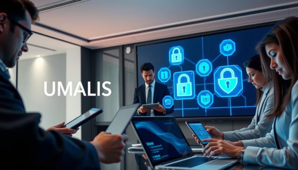 A contemporary digital workspace illustrating the theme of personal data protection on an online platform. In the foreground, a diverse group of professional individuals, dressed in business attire, intently engaging with modern devices such as laptops and tablets displaying security interfaces. In the middle ground, a large screen shows icons symbolizing data privacy, like locks and shields, emanating a reassuring blue glow. The background features a sleek office setting with soft ambient lighting, creating a focused yet calm atmosphere. The words "UMALIS GROUP" subtly integrated into the design. The angle comes from a slightly elevated perspective, capturing both the individuals and the digital elements, highlighting the seriousness and importance of safeguarding personal data in a professional context.