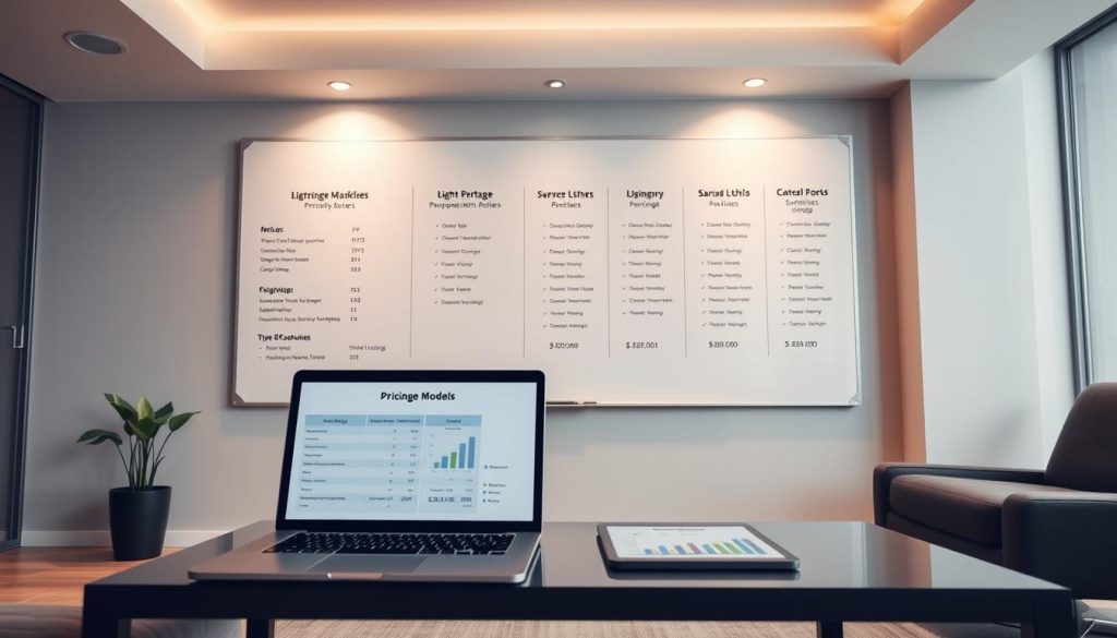 A contemporary interior setting showcasing various pricing models for a LIGHT PORTAGE salarial portage service. The scene depicts a sleek, minimalist office space with a large whiteboard on the wall displaying detailed breakdowns of different tariff structures. Subtle lighting casts a warm, professional glow, highlighting the clean lines and modern furnishings. In the foreground, a laptop and tablet display charts and graphs illustrating the key features and costs associated with each pricing package. The overall atmosphere conveys a sense of clarity, efficiency, and expertise in the salarial portage domain.