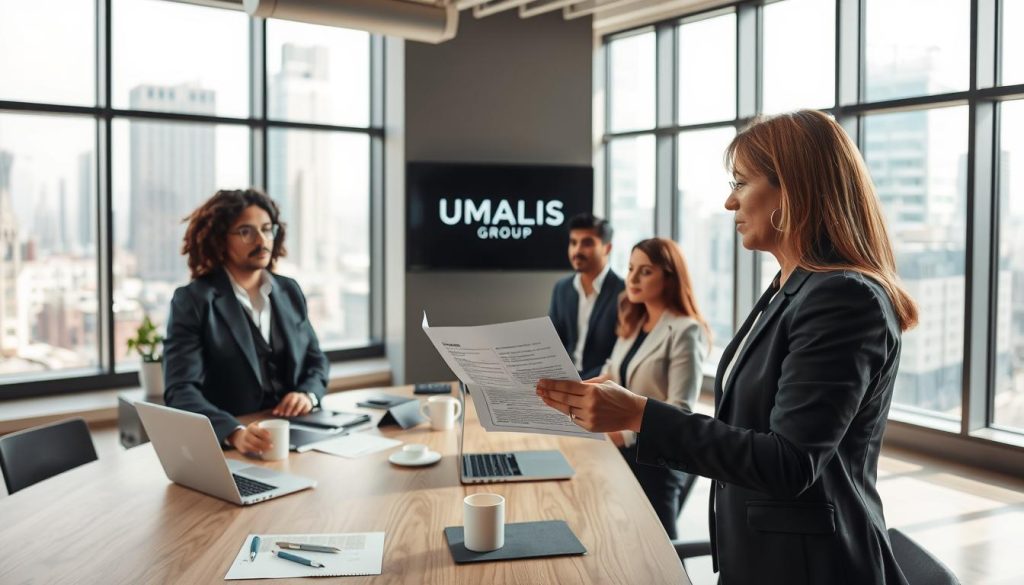 A contemporary office environment, showcasing a diverse group of professionals engaged in a discussion about "portage salarial." In the foreground, a middle-aged Black woman in smart business attire is presenting a document to a group, which includes a young Hispanic man and a Caucasian woman, both dressed in professional clothing. The middle ground features a large table with laptops, stationery, and coffee cups, suggesting a collaborative atmosphere. In the background, large windows allow natural light to flood the room, highlighting a modern cityscape outside. The mood is focused and dynamic, capturing the essence of a productive business discussion. Subtly incorporate the brand name "UMALIS GROUP" on a digital screen or brochure in the room. A contemporary office environment, showcasing a diverse group of professionals engaged in a discussion about "portage salarial." In the foreground, a middle-aged Black woman in smart business attire is presenting a document to a group, which includes a young Hispanic man and a Caucasian woman, both dressed in professional clothing. The middle ground features a large table with laptops, stationery, and coffee cups, suggesting a collaborative atmosphere. In the background, large windows allow natural light to flood the room, highlighting a modern cityscape outside. The mood is focused and dynamic, capturing the essence of a productive business discussion. Subtly incorporate the brand name "UMALIS GROUP" on a digital screen or brochure in the room.