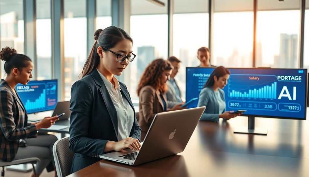 A contemporary office environment showcasing digital innovation in the realm of portage salarial, featuring a diverse group of professionals engaged in collaborative tasks. In the foreground, a focused businesswoman in smart attire works on a sleek laptop, surrounded by digital charts and graphs on interactive screens that display metrics of freelance work. The middle ground includes a team brainstorming with digital tablets, highlighting a blend of technology and teamwork. In the background, large windows reveal a vibrant city skyline, symbolizing growth and opportunity. Soft, natural light floods the space, enhancing the modern atmosphere, captured with a wide-angle lens to add depth and perspective. The image subtly includes the logo "PORTAGE AI" on one of the screens, representing a cutting-edge approach to salary management solutions.