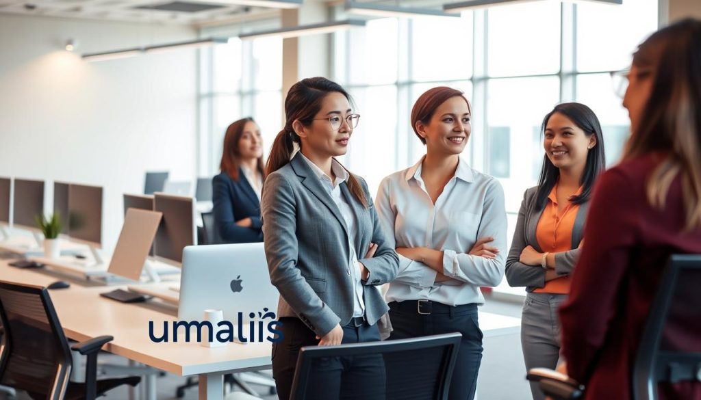 A contemporary office interior with a welcoming atmosphere. In the foreground, a team of professional consultants from Umalis Group engage in discussion, their expressions conveying expertise and care. The middle ground features modern desks, ergonomic chairs, and a sleek, minimalist aesthetic. The background showcases large windows allowing natural light to flood the space, creating a sense of openness and transparency. Subtle branding elements, such as Umalis Group's logo, are tastefully integrated into the design. The overall mood is one of professionalism, collaboration, and a commitment to supporting clients through the services and guidance of this reputable salaried employment company.