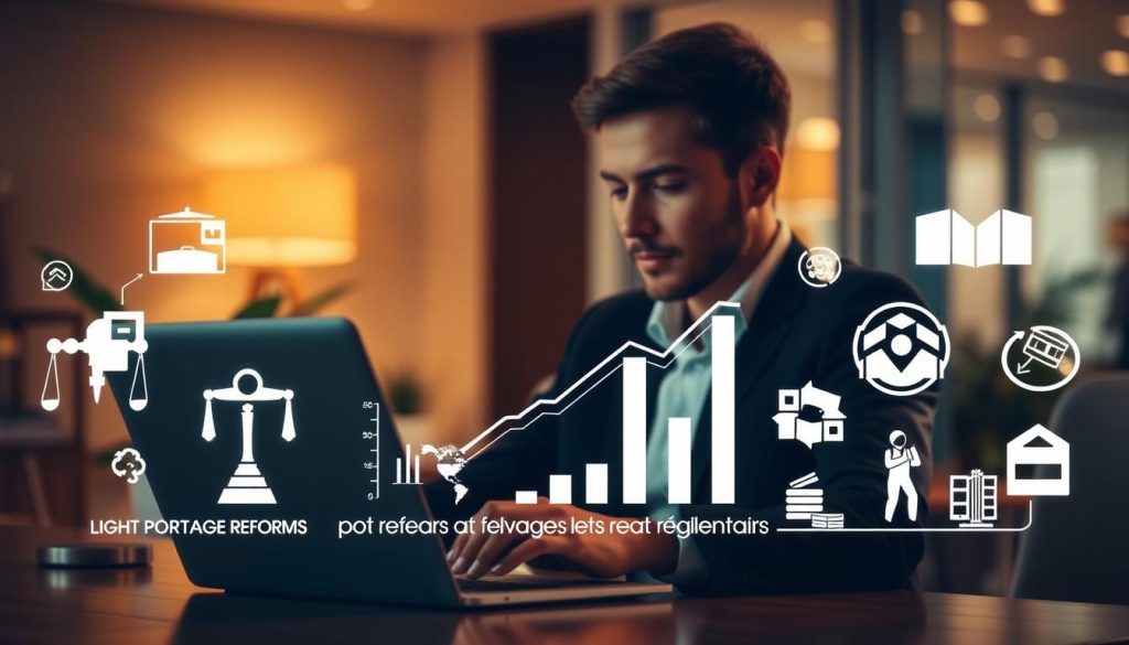 A contemporary office scene with a businessperson reviewing LIGHT PORTAGE reforms on a laptop, surrounded by abstract icons representing the legal and regulatory changes impacting the "portage salarial" industry. Warm lighting casts a contemplative atmosphere, while the mid-ground features charts and graphs visualizing the evolution of this employment model. The background blurs softly, hinting at the broader socioeconomic context. The image conveys a sense of professional reflection on the topic of "Impact des réformes et évolutions réglementaires".