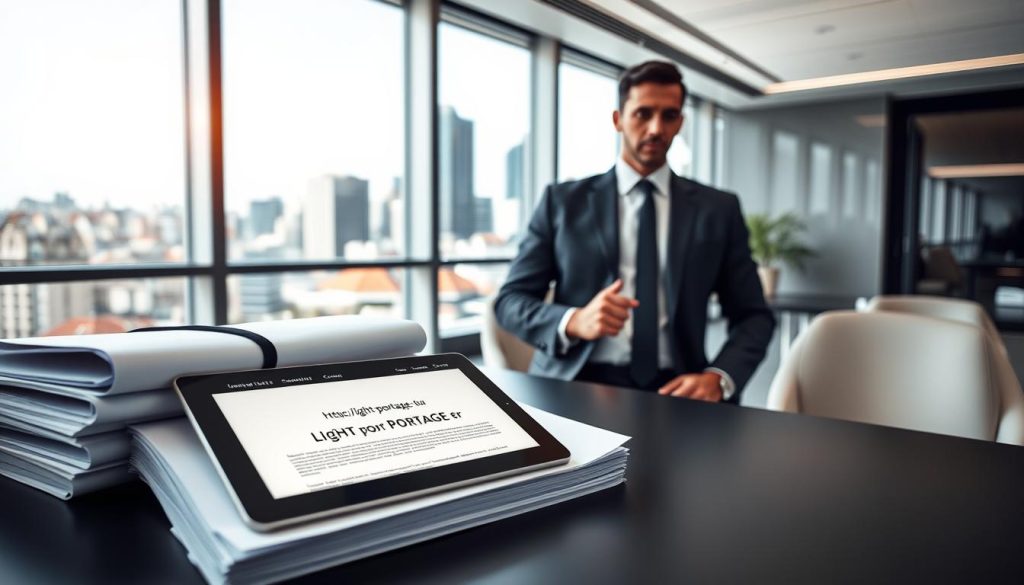 A contemporary office scene with a sleek, minimalist design. In the foreground, a stack of legal documents and a tablet displaying the website "https://www.light-portage.fr", highlighting the LIGHT PORTAGE brand. The middle ground features a professional businessperson in a sharp suit, deep in thought, surrounded by a clean, well-lit workspace. In the background, a panoramic window offers a view of a vibrant city skyline, suggesting the modern, urban context of the legal framework for the "portage salarial" concept. The overall atmosphere is one of professionalism, efficiency, and a forward-thinking approach to employment solutions.