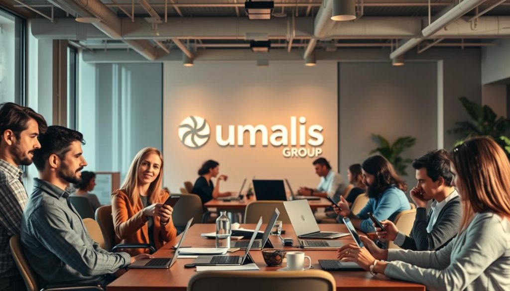 A contemporary office setting, filled with professionals engaged in various work activities. In the foreground, a group of colleagues discussing project details around a conference table, their faces exuding a sense of collaboration and camaraderie. In the middle ground, individuals seated at their desks, laptops open and phones in hand, representing the fast-paced nature of remote work. The background showcases the Umalis Group logo, symbolizing the flexible and adaptable nature of the "portage salarial" concept. Warm, natural lighting illuminates the scene, creating a welcoming and productive atmosphere. The overall composition captures the diverse situations where "portage salarial" can be an advantageous solution for modern professionals.