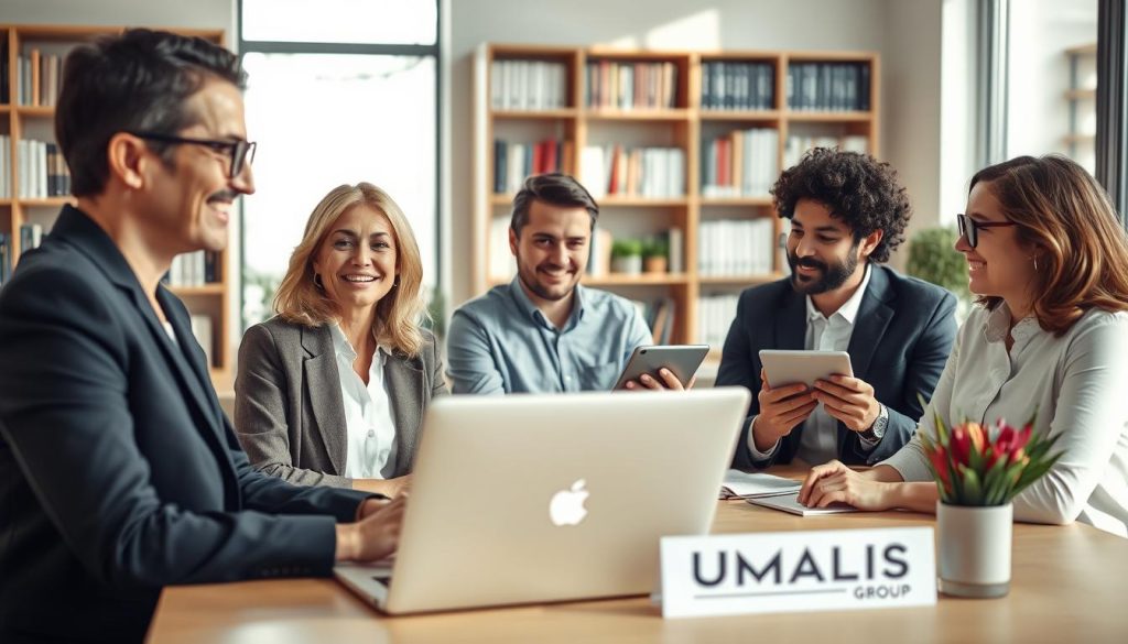 A contemporary office setting showcasing diverse freelancers sharing their experiences with "portage salarial." In the foreground, a middle-aged woman in professional attire, smiling and animatedly discussing with a younger man in business casual clothing, both seated at a table with a laptop open. The middle ground features two other freelancers, one typing notes on a tablet and the other listening attentively, their expressions reflecting engagement and interest. The background includes bookshelves filled with business literature and a large window allowing soft, natural light to flood the scene, casting gentle shadows. The atmosphere is collaborative and positive, emphasizing community and support among freelancers. The image subtly incorporates the brand name "UMALIS GROUP" as part of the desk decor, enhancing the professional context without overpowering the image.