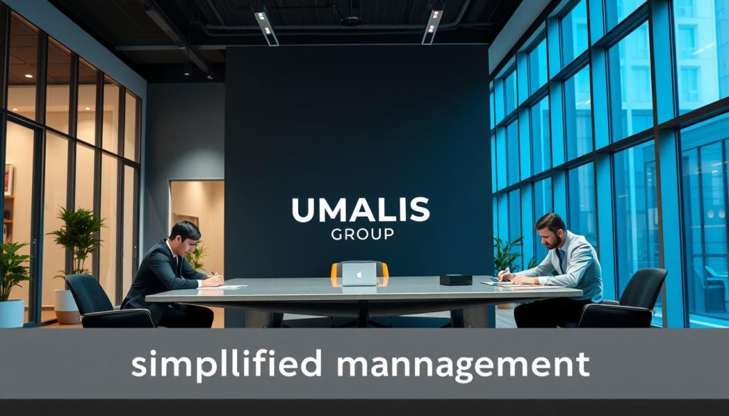 A contemporary office setting with a professional team engaged in the contractualization process. In the foreground, a group of business people sit around a sleek conference table, reviewing and signing documents with a sense of focus and collaboration. The middle ground features UMALIS GROUP branding prominently displayed, conveying a sense of professionalism and expertise. In the background, a modern, minimalist interior design with floor-to-ceiling windows allows natural light to fill the space, creating a bright and airy atmosphere. The overall mood is one of efficiency, organization, and a streamlined approach to administrative tasks, reflecting the "simplified management" theme of the section.