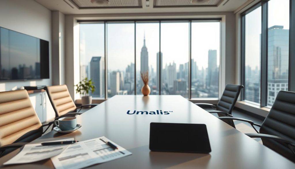 A contemporary office setting with a sleek desk, ergonomic chairs, and a large window overlooking a vibrant cityscape. On the desk, the "Umalis Group" logo is prominently displayed, representing the new compensation models in the gig economy. The lighting is soft and natural, creating a professional yet inviting atmosphere. In the foreground, financial documents, a tablet, and a cup of coffee suggest the daily tasks and responsibilities of the salaried employee. The middle ground features a modern, minimalist decor, while the background showcases the bustling urban landscape, symbolizing the changing landscape of employment. The overall mood is one of efficiency, innovation, and a sense of progress in the evolving world of work.