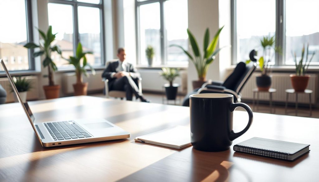 A contemporary office setting with an air of professionalism and practicality. In the foreground, a desk with a laptop, notepad, and a cup of coffee, casting soft shadows on the surface. In the middle ground, a well-dressed business person sitting in an ergonomic chair, deep in thought. The background features tall windows allowing natural light to flood the space, with potted plants and minimalist decor lending a sense of balance and serenity. The overall lighting is warm and subdued, creating a contemplative atmosphere suitable for discussing the influential factors of portage salarial fees in the French HR landscape.