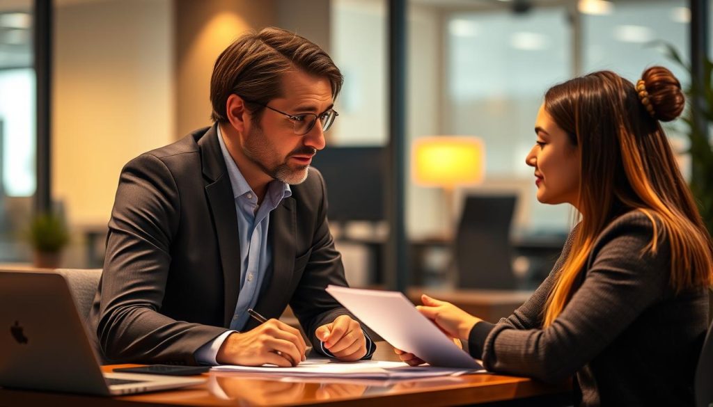 A contemporary office setting with an experienced consultant sitting at a desk, offering personalized guidance and support to a younger, aspiring client. The scene conveys a sense of professionalism, with the Umalis Group branding subtly visible. Warm, focused lighting illuminates the pair, creating an atmosphere of mentorship and collaboration. The consultant's expression is one of attentive engagement, while the client appears to be actively listening and taking notes. The background is slightly blurred, emphasizing the intimate, one-on-one nature of the interaction.