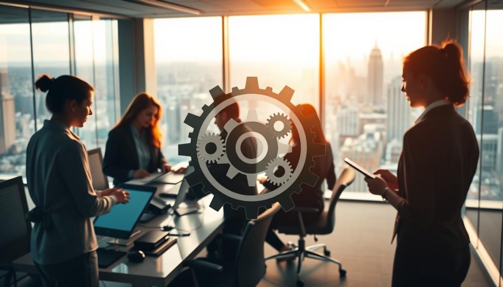 A contemporary office setting with sleek, minimalist design showcasing efficient business processes. In the foreground, Umalis Group employees collaborate seamlessly, digital tools and streamlined workflows visible. The middle ground features a striking visual representation of "efficacité des processus" - dynamic, interconnected gears and mechanisms symbolizing the synergy of simplified, effective operations. The background displays an expansive, panoramic view of a bustling city skyline, representing the broader business ecosystem. Warm, diffused lighting bathes the scene, creating a sense of professionalism and productivity. The entire composition conveys a harmonious balance of simplicity and efficacy, embodying the ethos of the Umalis Group.