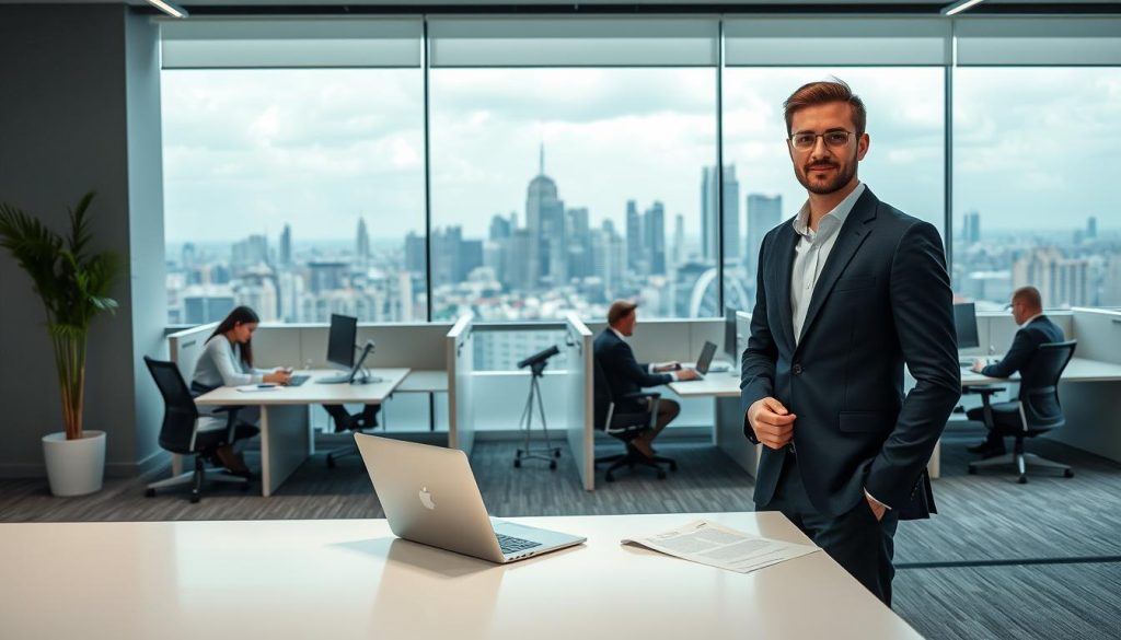 A contemporary office space featuring the Umalis Group's administrative services for salaried portage. In the foreground, a well-dressed professional standing at a sleek, minimalist desk, laptop open and papers organized. The middle ground showcases modern, well-lit cubicles with employees collaborating. The background depicts a panoramic city skyline, conveying a sense of urban professionalism. The overall mood is one of efficiency, organization, and the Umalis Group's expertise in managing the administrative aspects of salaried portage.