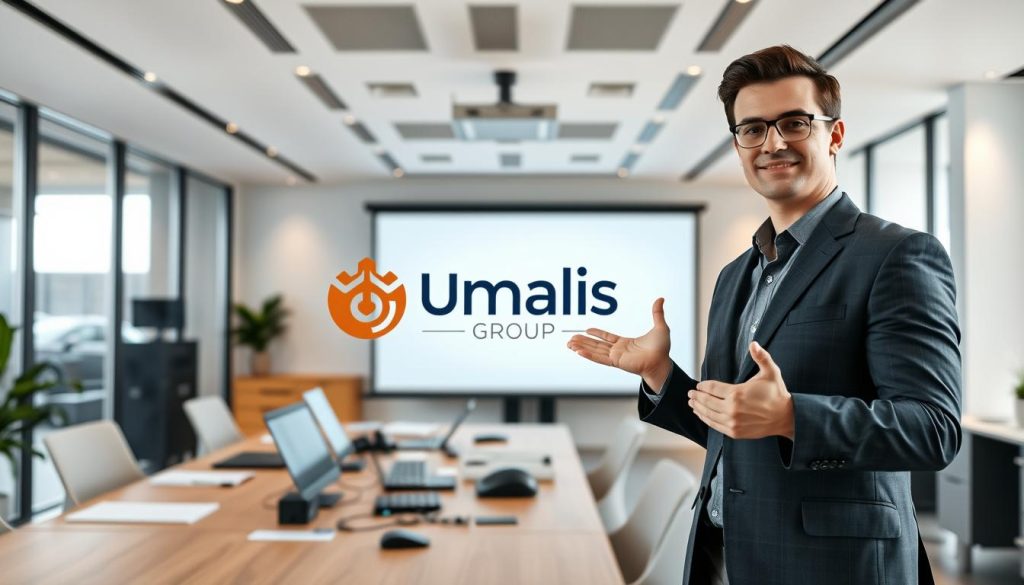 A contemporary office space with a Umalis Group logo prominently displayed. The foreground features a professional-looking individual in business attire, standing confidently and gesturing towards a large projection screen or display. The middle ground showcases various work tools and devices, suggesting a focus on technology and the information technology industry. The background depicts a sleek, minimalist interior design with clean lines, abundant natural lighting, and subtle accents that evoke a sense of professionalism and sophistication. The overall scene conveys an atmosphere of authority, expertise, and the flexibility of the "portage salarial" employment model for independent IT professionals.
