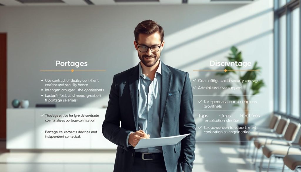 A contemporary, photorealistic illustration of "portage salarial" showcasing its key advantages and disadvantages for independent professionals. The foreground depicts a well-dressed individual, representing the independent contractor, signing a contract with the Umalis Group, a leading provider of portage salarial services. The middle ground highlights the benefits of this arrangement, such as access to social security coverage, administrative support, and tax optimization. The background frames the scene with a minimalist office environment, conveying a sense of professionalism and stability. The lighting is soft and directional, creating depth and highlighting the focal points. The overall mood is one of balance, transparency, and the empowerment of independent work.