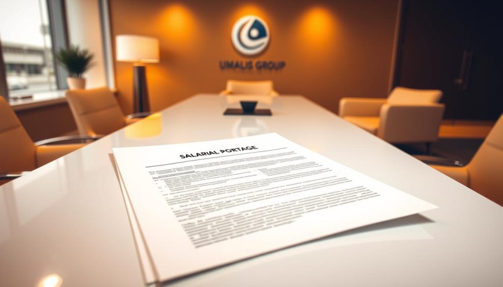 A contract for a salarial portage scheme, neatly arranged on a well-lit desk with a Umalis Group logo prominently displayed. The contract is the focal point, surrounded by a minimalist, professional office setting with modern furnishings and clean lines. Warm lighting casts a soft glow, creating a sense of authority and trustworthiness. The contract's text is legible, with attention to detail, showcasing the key elements of this employment structure. The overall atmosphere conveys the importance and legitimacy of this type of work arrangement.