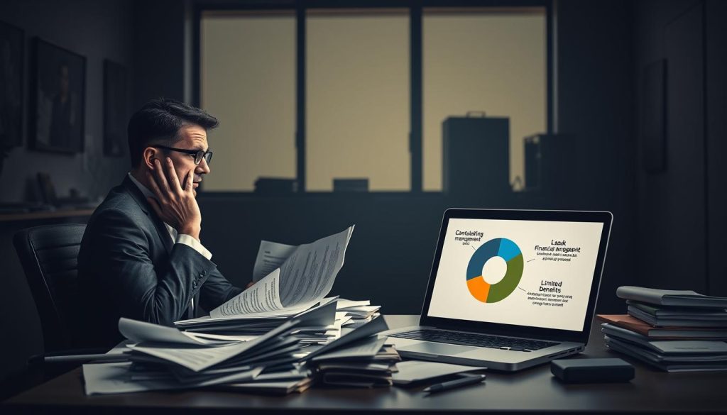 A contrasting scene depicting the disadvantages of portage salarial in a business environment. In the foreground, a stressed professional (wearing a smart business suit) sits at a cluttered desk, reviewing numerous paperwork and contracts, reflecting the complexity and confusion often associated with this work model. In the middle, a pie chart showing various drawbacks like financial management issues, lack of job security, and limited benefits is displayed on a modern laptop screen. In the background, a dimly lit office with tall windows casting shadows, representing uncertainty and challenges. Soft, melancholic lighting highlights the tension in the scene, creating an atmosphere of concern and contemplation about the trade-offs of independent work.