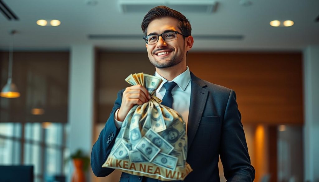 A corporate business person standing in an office, dressed in a smart suit, holding a large bag of money representing the financial remuneration of a salaried professional. The scene is illuminated by warm, directional lighting, with a blurred background of an open-plan office or corporate workspace. The subject's expression conveys satisfaction and confidence, symbolizing the security and stability of a salaried employment structure like portage salarial. The overall mood is one of financial prosperity and professional success.