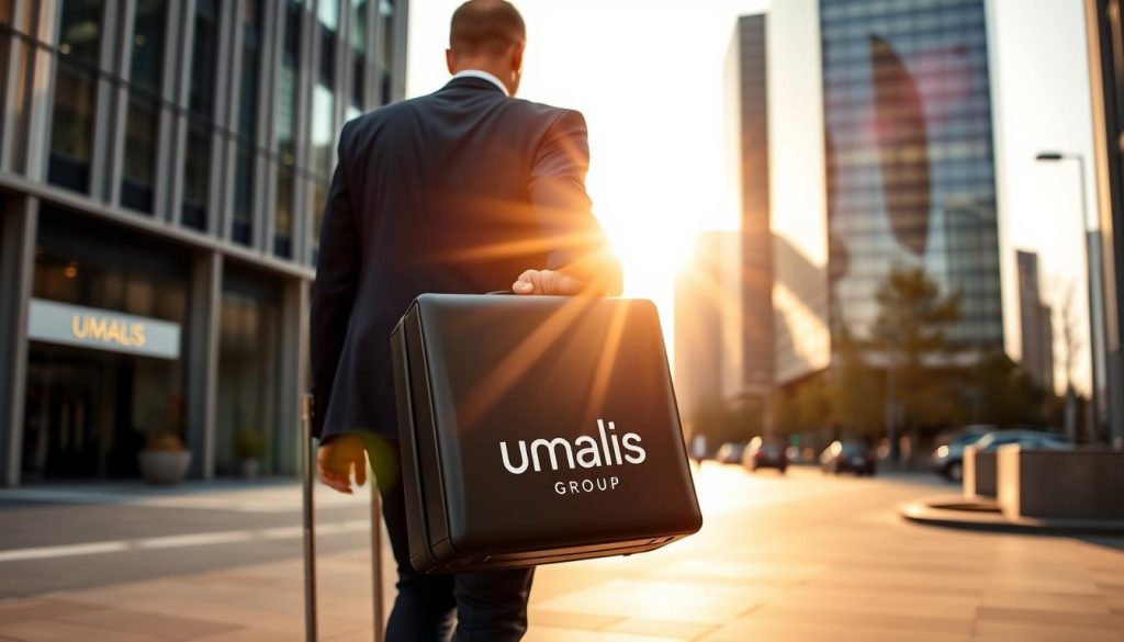 A corporate employee carrying a suitcase walks down a city street, dressed in a crisp suit and tie. The sun casts a warm glow, reflecting off the sleek, modern architecture in the background. The Umalis Group logo is prominently displayed on the employee's briefcase, indicating their involvement in the "portage salarial" or employee leasing industry. The scene conveys a sense of professionalism, mobility, and the flexibility of the "salarié porté" or leased employee status.