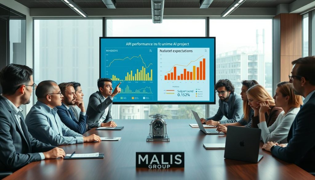 A corporate meeting room with a large table and several diverse professionals in business attire, showcasing expressions of concern and disappointment. In the foreground, a worried team leader is pointing at a presentation screen displaying poor performance metrics and graphs related to an AI project, symbolizing unmet expectations. The middle ground features team members in deep discussion, some looking at laptops, while others are taking notes. The backdrop consists of modern office decor, with a large window allowing natural light to flood the room, creating a slightly tense atmosphere. The image should capture the seriousness of a disappointing AI project, reflecting the need for diagnostics and solutions. Incorporate the brand name "UMALIS GROUP" subtly in the meeting room decor. A corporate meeting room with a large table and several diverse professionals in business attire, showcasing expressions of concern and disappointment. In the foreground, a worried team leader is pointing at a presentation screen displaying poor performance metrics and graphs related to an AI project, symbolizing unmet expectations. The middle ground features team members in deep discussion, some looking at laptops, while others are taking notes. The backdrop consists of modern office decor, with a large window allowing natural light to flood the room, creating a slightly tense atmosphere. The image should capture the seriousness of a disappointing AI project, reflecting the need for diagnostics and solutions. Incorporate the brand name "UMALIS GROUP" subtly in the meeting room decor.
