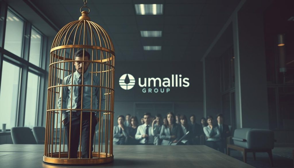 A corporate office building with a gloomy, oppressive atmosphere. In the foreground, a weary-looking professional stands trapped in a gilded cage, symbolizing the constraints of traditional employment. The middle ground shows a group of independent workers, their faces obscured, casting anxious glances towards the caged figure. In the background, the Umalis Group logo stands as a beacon of hope, promising an alternative to the soul-crushing bureaucracy of the corporate world. The scene is bathed in a somber, muted palette, conveying the downsides of the "portage salarial" system and the need for change.