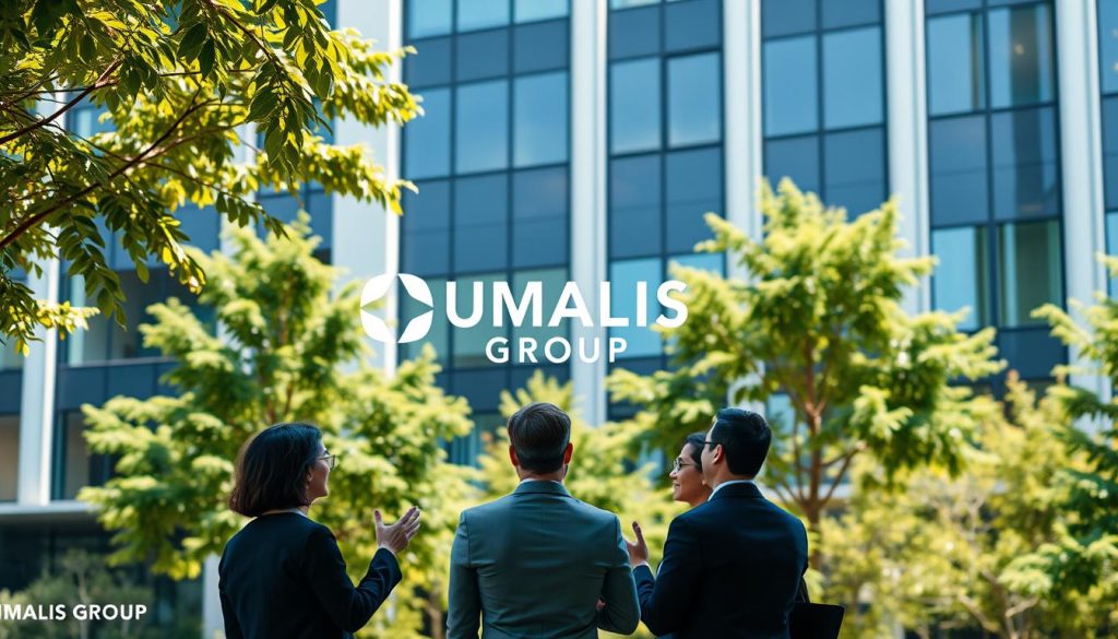 A corporate office building with a sleek, modern facade, surrounded by lush greenery. In the foreground, a group of professionals in business attire are engaged in a discussion, gesturing animatedly. The scene is bathed in warm, natural lighting, creating a sense of professionalism and productivity. In the background, the UMALIS GROUP logo is prominently displayed, signifying the company's role as a trusted provider of "entreprise portage salarial" services. The image conveys a sense of security, expertise, and collaboration, reflecting the key aspects of the "Votre Contrat de Prestation de Portage Salarial en Toute Sécurité" article and the "Le rôle de l'entreprise de portage salarial" section.