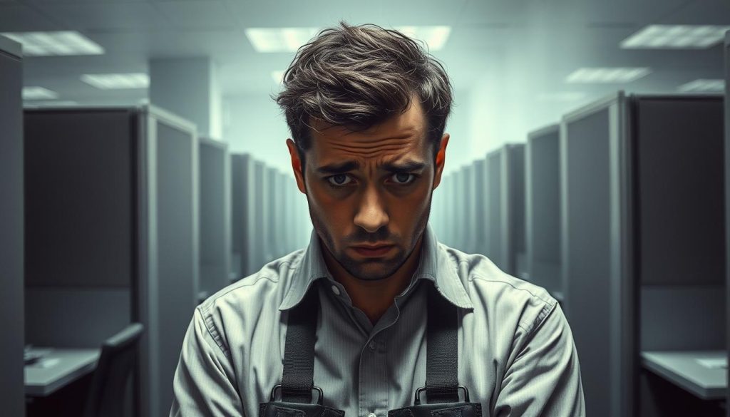 A corporate office environment, with imposing gray cubicles and a looming sense of bureaucratic constraint. In the foreground, a worker, their face obscured, appears anxious and stressed, weighed down by the risks and uncertainties of the "risques portage salarial" - a precarious employment model offered by the Umalis Group. The background is hazy, suggesting a lack of clear direction or security. The lighting is harsh, creating sharp shadows that symbolize the challenges and potential pitfalls of this employment arrangement. The overall atmosphere conveys a sense of unease and the need for careful consideration before making such a career choice.