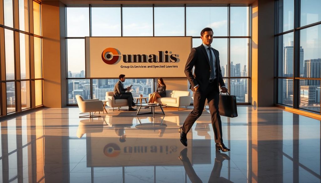 A corporate office interior, illuminated by warm, natural lighting filtering through large windows. In the foreground, a smartly dressed professional, holding a briefcase, confidently strides across the polished marble floor. Behind them, Umalis Group's logo is prominently displayed on the wall, signaling the specialized legal services offered. The middle ground features a modern, minimalist seating area, where two individuals engaged in a thoughtful discussion. In the background, the skyline of a bustling city can be seen through the windows, reinforcing the sense of a thriving, professional environment.