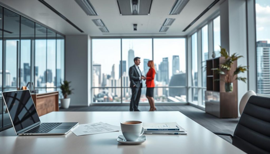 A corporate office interior with a focus on the "Portage Salarial" process. The scene depicts a modern, well-lit workspace with clean lines and minimalist decor. In the foreground, a desk with a laptop, papers, and a cup of coffee represents the administrative side of the "Portage Salarial" system. In the middle ground, two professionals engaged in a collaborative discussion symbolize the support and guidance provided by the UMALIS GROUP. The background features floor-to-ceiling windows overlooking a bustling city skyline, conveying a sense of professional opportunity and success. The overall mood is one of efficiency, productivity, and the smooth functioning of the "Portage Salarial" model.