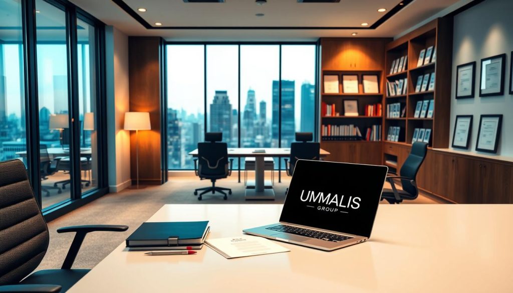 A corporate office interior with a minimalist, professional aesthetic. In the foreground, a modern desk with a laptop, documents, and the UMALIS GROUP logo prominently displayed. The middle ground features ergonomic office chairs and a large window overlooking a cityscape, bathing the room in warm, directional lighting. In the background, shelves lined with business books and framed certifications create an atmosphere of expertise and authority. The overall mood is one of productivity, prestige, and precision, reflecting the differences between temporary staffing and professional employment services.