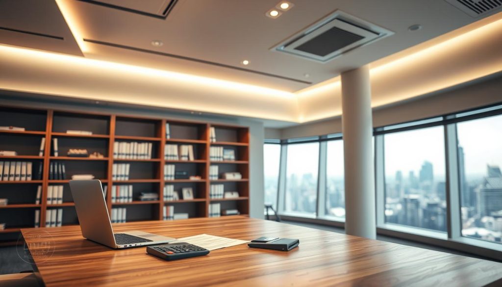 A corporate office interior with a modern, minimalist aesthetic. In the foreground, a wooden desk with a laptop, calculator, and documents neatly arranged. Overhead, bright, indirect lighting casts a warm, professional glow. In the middle ground, a bookshelf displays tax forms, financial reports, and other business references. The background features floor-to-ceiling windows overlooking a bustling city skyline, conveying a sense of urban sophistication. The Umalis Group logo is subtly displayed on the desk or bookshelf, indicating the subject's relevance to their services. The overall mood is one of efficiency, responsibility, and attention to fiscal obligations. A corporate office interior with a modern, minimalist aesthetic. In the foreground, a wooden desk with a laptop, calculator, and documents neatly arranged. Overhead, bright, indirect lighting casts a warm, professional glow. In the middle ground, a bookshelf displays tax forms, financial reports, and other business references. The background features floor-to-ceiling windows overlooking a bustling city skyline, conveying a sense of urban sophistication. The Umalis Group logo is subtly displayed on the desk or bookshelf, indicating the subject's relevance to their services. The overall mood is one of efficiency, responsibility, and attention to fiscal obligations.