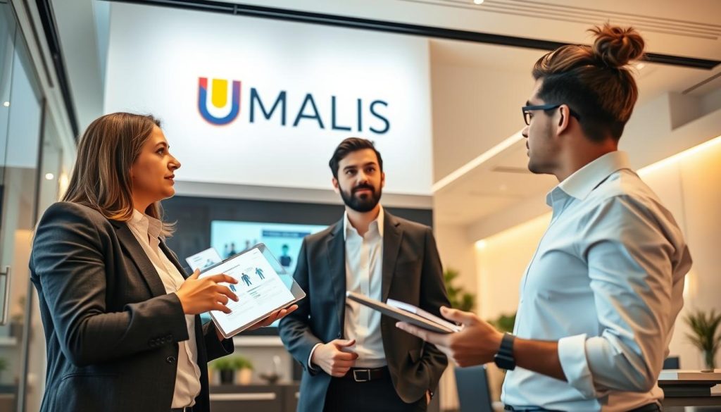 A corporate office interior with an employee discussing the UMALIS GROUP employee leasing program. The scene depicts a knowledgeable employee explaining the intricacies of the "portage salarial" system to a client, using visual aids and digital displays. The lighting is warm and professional, with a sense of transparency and collaboration. The angle showcases the employees' expertise and the client's attentive engagement. The background features the UMALIS GROUP branding, conveying a reliable and trustworthy service provider. The overall mood is one of clarity, understanding, and the smooth functioning of the employee leasing process.