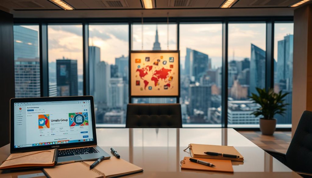 A corporate office interior with warm, professional lighting. In the foreground, a Umalis Group branded laptop displaying a social media dashboard, surrounded by a neatly arranged workspace with a planner, stylus, and other productivity tools. The middle ground features a framed illustration of various social media platforms, each with its own distinct personality. In the background, floor-to-ceiling windows overlooking a bustling city skyline, conveying a sense of global connectivity. The overall atmosphere is one of focused, tailored social media strategy, blending technology, creativity, and a sophisticated urban aesthetic.