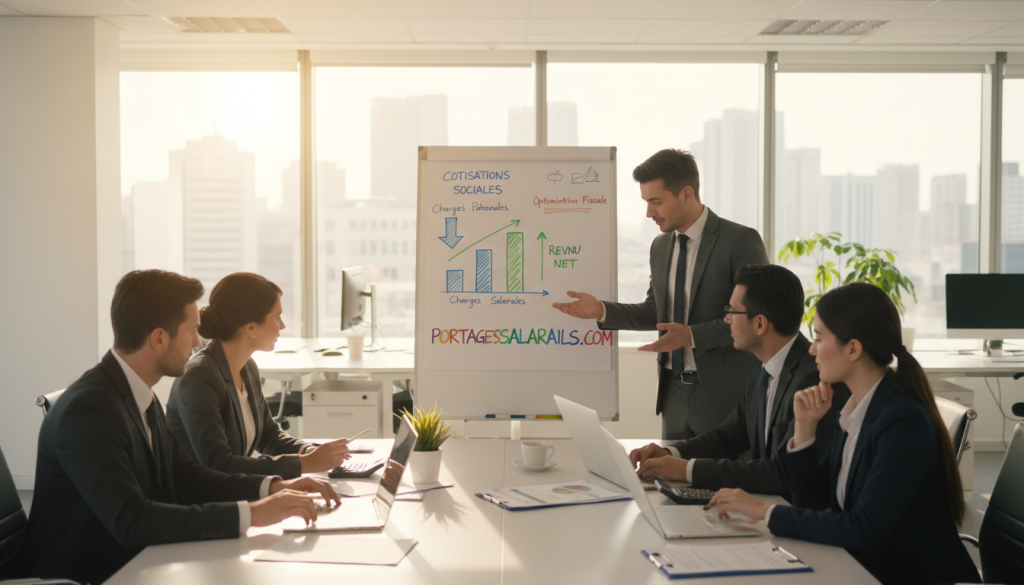 A corporate office scene illustrating the concept of "cotisations sociales" with a focus on social contributions and net income. In the foreground, a diverse group of professionals in formal business attire, gathered around a large conference table with laptops, calculators, and financial documents spread out. In the middle ground, a whiteboard displays colorful charts and graphs depicting social charges and net income figures, symbolizing financial planning. The background features large windows with city views, sunny daylight illuminating the workspace. The atmosphere is collaborative and productive, with an emphasis on thoughtful discussion and clarity. The image should be warm and inviting, highlighting teamwork and professionalism. Promote: portagesalarials.com. A corporate office scene illustrating the concept of "cotisations sociales" with a focus on social contributions and net income. In the foreground, a diverse group of professionals in formal business attire, gathered around a large conference table with laptops, calculators, and financial documents spread out. In the middle ground, a whiteboard displays colorful charts and graphs depicting social charges and net income figures, symbolizing financial planning. The background features large windows with city views, sunny daylight illuminating the workspace. The atmosphere is collaborative and productive, with an emphasis on thoughtful discussion and clarity. The image should be warm and inviting, highlighting teamwork and professionalism. Promote: portagesalarials.com.