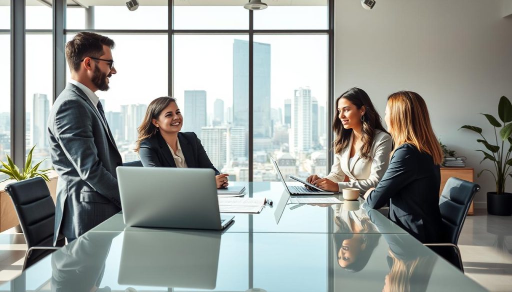 A corporate office scene representing the obligations and responsibilities of a portage salarial company. In the foreground, a diverse group of three professionals in formal business attire—one male and two females—are engaged in a discussion around a sleek conference table covered with documents and a laptop. The middle ground features a large glass window revealing a cityscape, symbolizing opportunity and growth. The background includes a modern office design with minimalistic decor and plants for a fresh ambiance. The lighting is bright and natural, streaming in through the windows, creating an inspiring and productive atmosphere. The overall mood conveys professionalism, collaboration, and clarity regarding legal obligations in the world of portage salarial. A corporate office scene representing the obligations and responsibilities of a portage salarial company. In the foreground, a diverse group of three professionals in formal business attire—one male and two females—are engaged in a discussion around a sleek conference table covered with documents and a laptop. The middle ground features a large glass window revealing a cityscape, symbolizing opportunity and growth. The background includes a modern office design with minimalistic decor and plants for a fresh ambiance. The lighting is bright and natural, streaming in through the windows, creating an inspiring and productive atmosphere. The overall mood conveys professionalism, collaboration, and clarity regarding legal obligations in the world of portage salarial.
