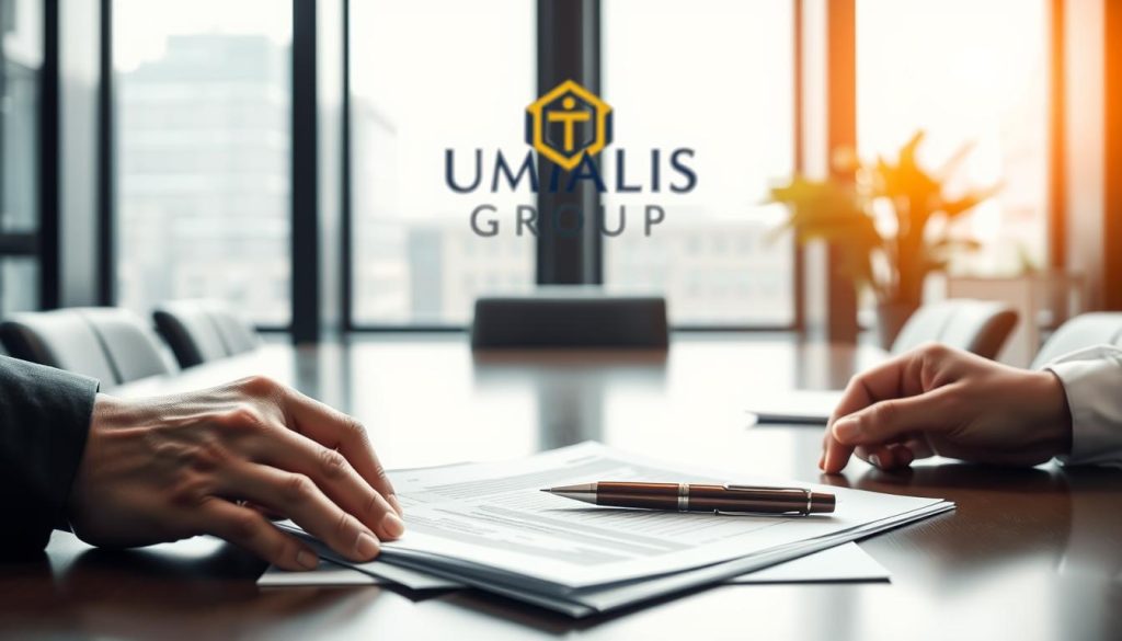 A corporate office setting, illuminated by soft, natural light filtering through large windows. On a desk, a stack of legal documents and a pen, symbolizing the formalities of a professional contract. In the foreground, a person's hands carefully examining the documents, expressing the risks and complexities of contract reclassification. In the background, the UMALIS GROUP logo is prominently displayed, underscoring the company's expertise in employment and labor law. The overall atmosphere conveys a sense of thoughtful consideration and the need for professional guidance in navigating the nuances of contract requalification.