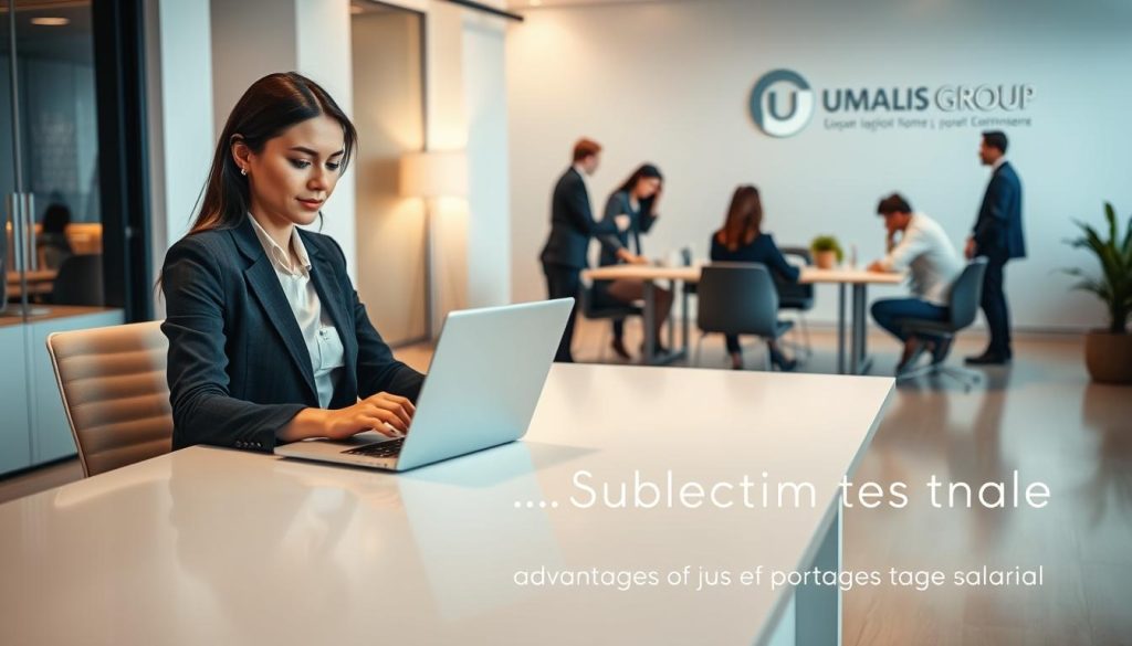 A corporate office setting showcasing the advantages of the "portage salarial" employment model. In the foreground, a professional woman dressed in business attire is seated at a clean, minimalist desk, working intently on a laptop. Soft, warm lighting illuminates the scene, creating a productive and focused atmosphere. In the middle ground, a group of colleagues collaborating around a conference table, exemplifying the flexibility and teamwork fostered by the "portage salarial" structure. The background features the Umalis Group logo, prominently displayed to reinforce the brand's expertise in this employment solution.