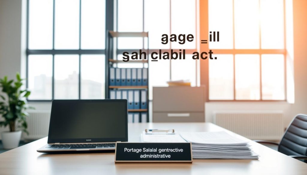 A corporate office setting with a clean, minimalist aesthetic. In the foreground, a desk with a laptop, calendar, and a simple Umalis Group logo plaque. On the desk, papers and files are neatly organized, conveying a sense of streamlined administrative management. In the middle ground, a bookshelf with labeled folders and a modern, sleek filing cabinet. The background features large windows, allowing natural light to flood the space, creating a warm and productive atmosphere. The overall scene exudes a feeling of efficiency, organization, and the simplicity of administrative tasks associated with the "portage salarial gestion administrative" concept.