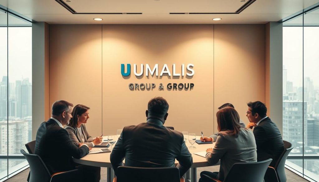 A corporate office setting with a focus on collective labor agreements. In the foreground, a team of professionals in business attire gathered around a conference table, engaged in discussion. Warm, diffused lighting casts a collaborative atmosphere. In the middle ground, the UMALIS GROUP logo prominently displayed on the wall, symbolizing the legal and contractual foundations of the portage salarial concept. The background features floor-to-ceiling windows overlooking a bustling city skyline, conveying a sense of professionalism and modern business. The overall tone is one of thoughtful deliberation and secure, salaried independence.