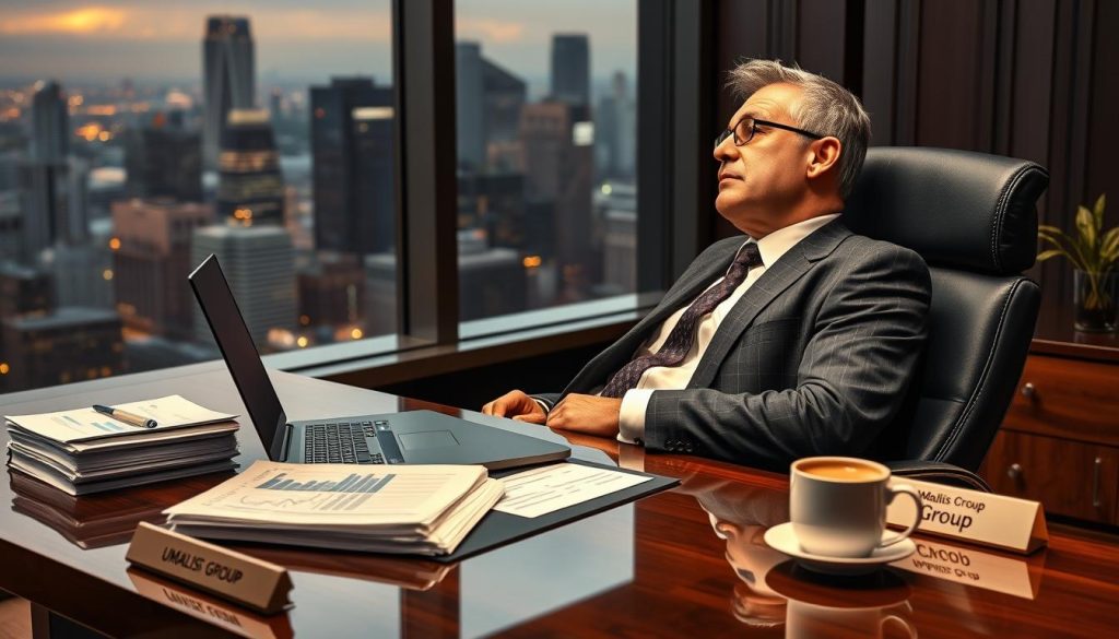 A corporate office setting with a large window overlooking a bustling city skyline. On a polished mahogany desk, a laptop displays intricate financial charts and graphs. A stack of accounting ledgers, a cup of freshly brewed coffee, and a nameplate reading "Umalis Group" set the scene. Warm, soft lighting illuminates the space, creating a focused, professional atmosphere. A thoughtful executive, dressed in a crisp suit, leans back in their chair, brow furrowed as they analyze the data, seeking insights to drive strategic financial decisions. The image conveys the intellectual rigor and attention to detail required for effective financial analysis.