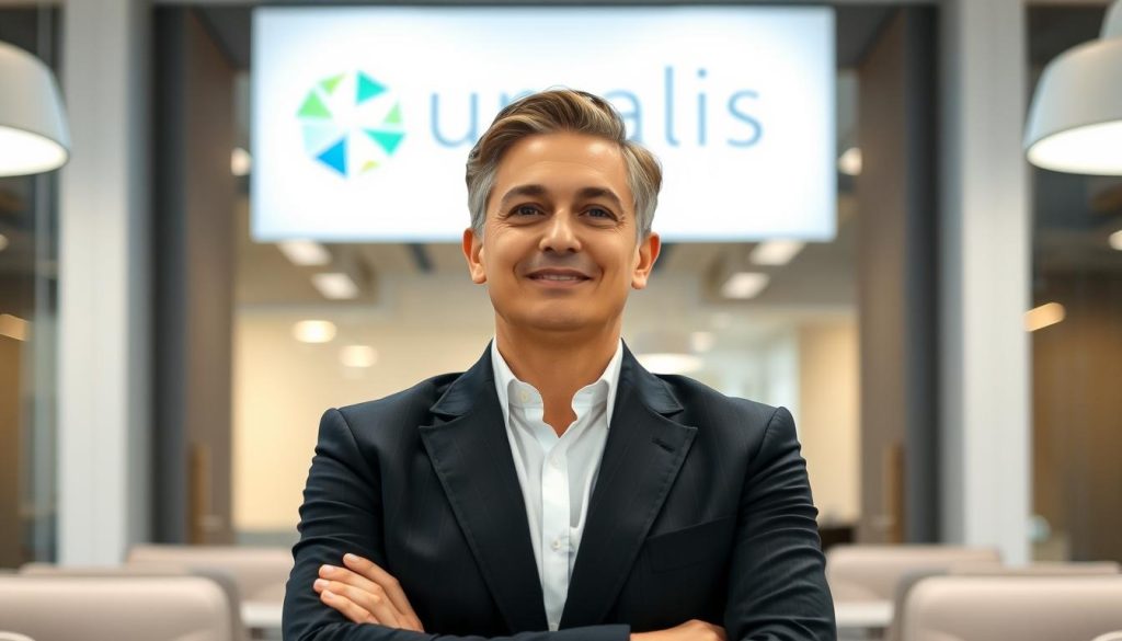A corporate office setting with a manager in a thoughtful, relaxed posture, conveying a sense of calm and composure. The manager's face expresses a serene, focused gaze, suggesting a positive, reassuring demeanor. The background features the Umalis Group logo, subtly placed to establish the professional context. Soft, diffused lighting creates a soothing ambiance, while the composition emphasizes the manager's leadership presence. The overall mood is one of control, resilience, and a constructive approach to managing stress and guiding a team through a transitional period. A corporate office setting with a manager in a thoughtful, relaxed posture, conveying a sense of calm and composure. The manager's face expresses a serene, focused gaze, suggesting a positive, reassuring demeanor. The background features the Umalis Group logo, subtly placed to establish the professional context. Soft, diffused lighting creates a soothing ambiance, while the composition emphasizes the manager's leadership presence. The overall mood is one of control, resilience, and a constructive approach to managing stress and guiding a team through a transitional period.