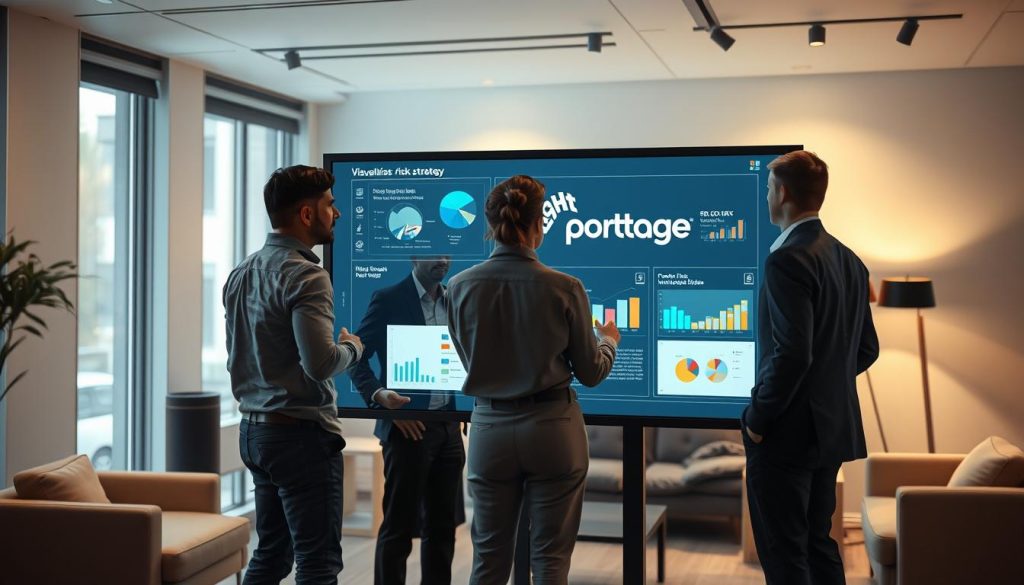 A corporate office setting with a professional risk management team discussing and visualizing workplace risks and safety strategies. In the foreground, three individuals are gathered around a large, interactive touchscreen display, analyzing data and charts. Soft, directional lighting casts a warm glow, while the background features modern, minimalist furniture and decor in neutral tones. The "Light Portage" brand logo is prominently displayed on the display. An atmosphere of collaboration, analysis, and risk mitigation pervades the scene.